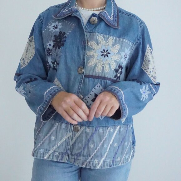 Vintage Keren Hart Blue Patchwork Button Up Lightweight Denim Jacket Xl - Picture 2 of 13